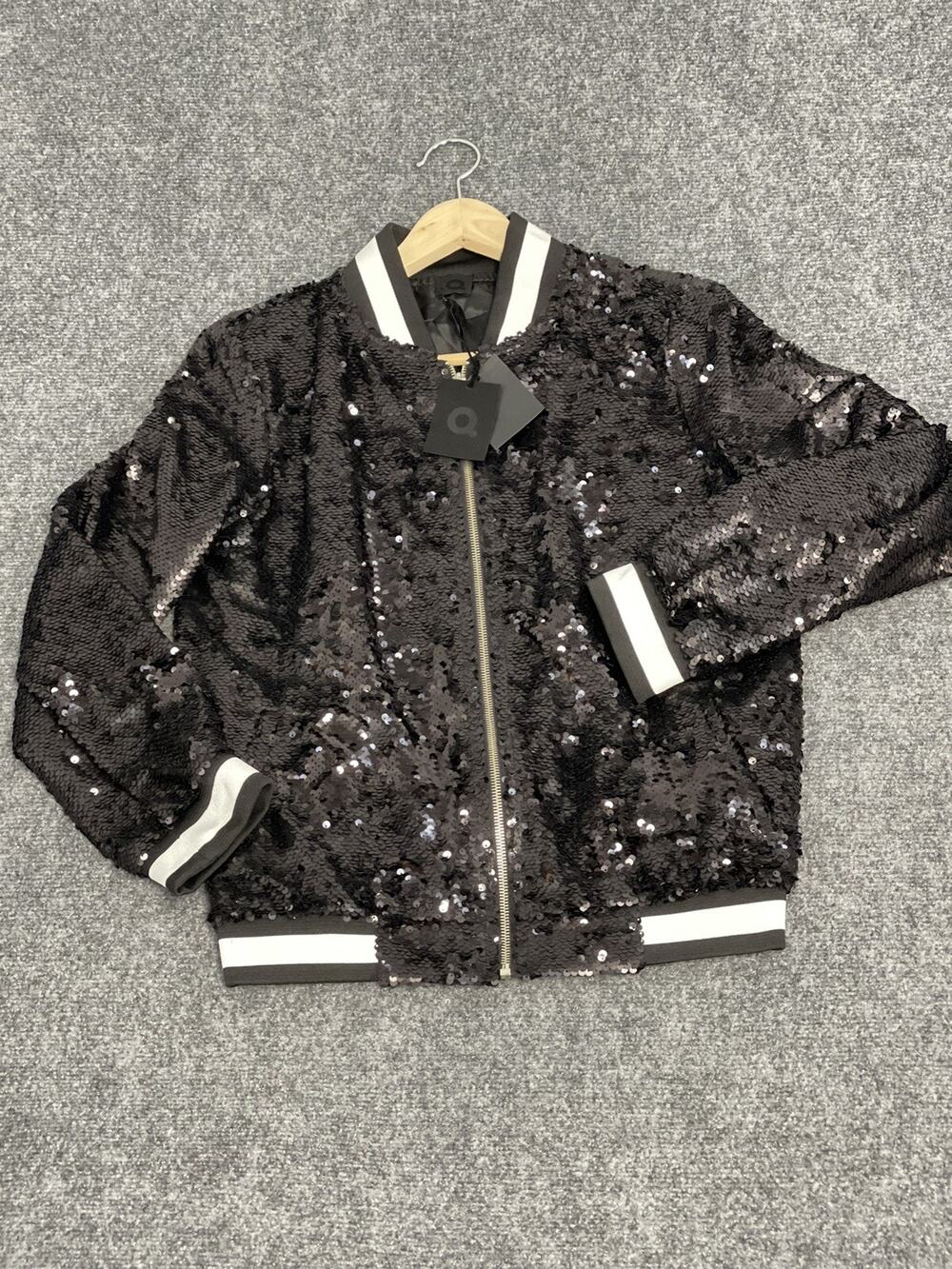 Que Bomber Jacket Womens Large Beaded Full Zip Black Embellished N182